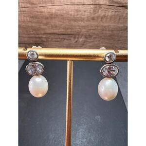 Cultured pearl and CZ sterling silver drop earrings